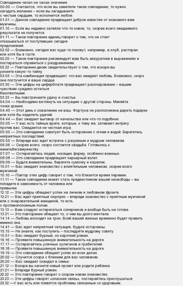 Одинаковые цифры на часах и их значение